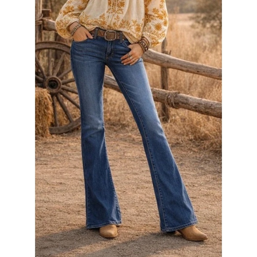 Paige Flare Jeans Sz 29 Medium‎ Wash Braided Pockets Boho Western Rodeo Mid Rise